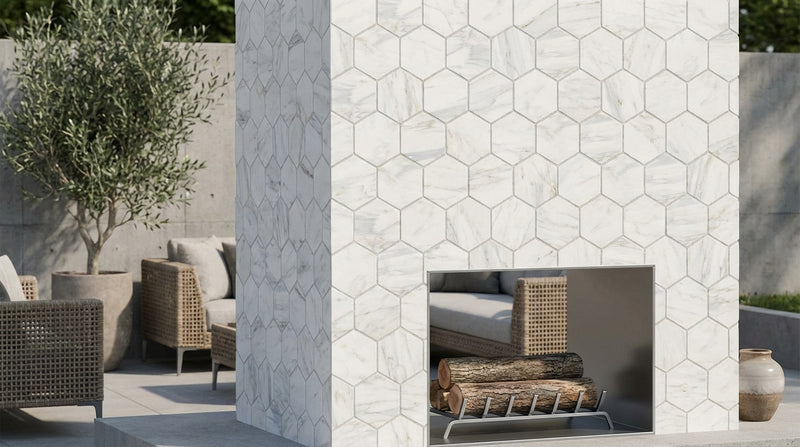 Calacatta Gold (Italian) Marble 5x5 Honed Hexagon Mosaic Hexagon Combination Mosaic (w/ Calacatta Gold)