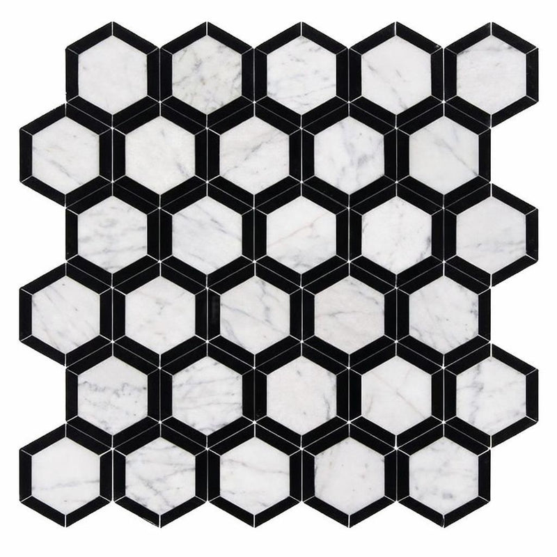 Carrara White (Italian) Marble 2x2 Honed Hexagon Mosaic Vortex Hexagon (w/ Black)