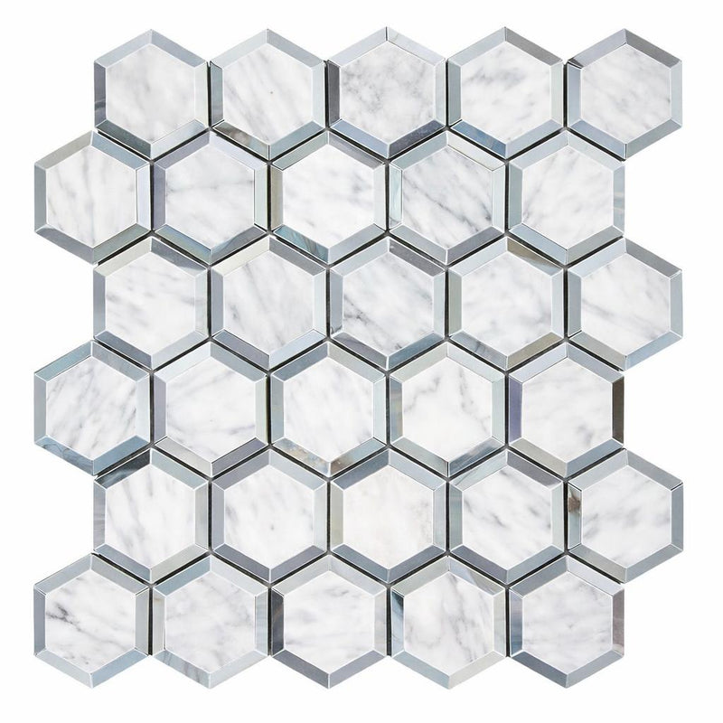 Carrara White (Italian) Marble 2x2 Honed Hexagon Mosaic Vortex Hexagon (w/ Blue-Gray)