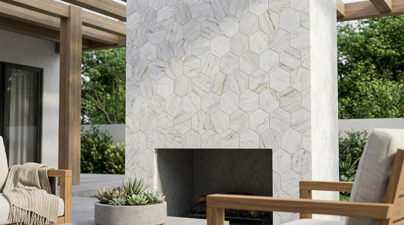 Carrara White (Italian) Marble 2x2 Honed Hexagon Mosaic Vortex Hexagon (w/ Blue-Gray)