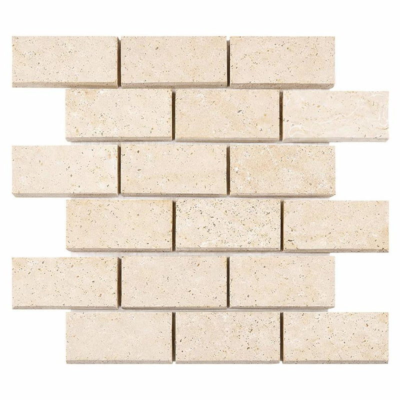 Ivory / Light Travertine 2x4 Cream Honed Brick Joint Mosaic Deep-Beveled Brick Mosaic
