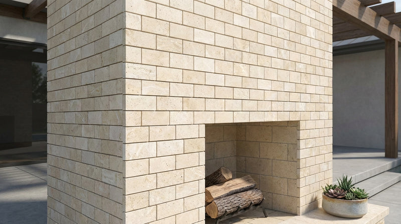 Ivory / Light Travertine 2x4 Cream Honed Brick Joint Mosaic Deep-Beveled Brick Mosaic