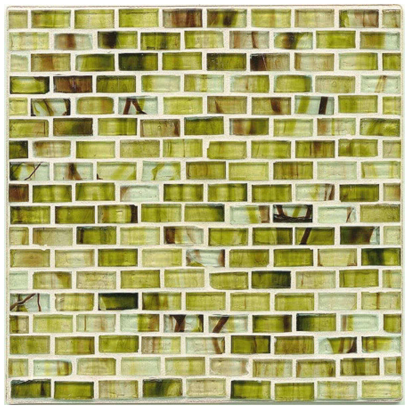 Limelight non-iridescent brick glass mosaic with small rectangular pieces in lime, olive, and golden-green tones.