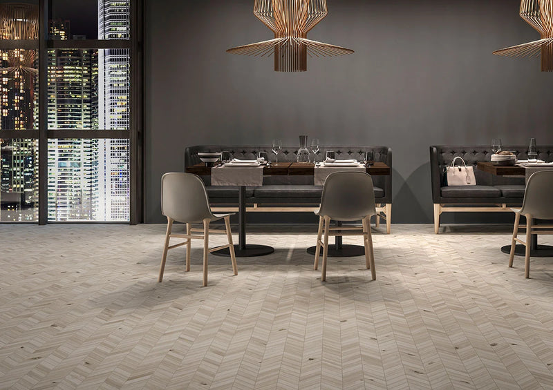 Havenwood Dove Chevron 12x15 Matte Porcelain Wood Look Mosaic Tile