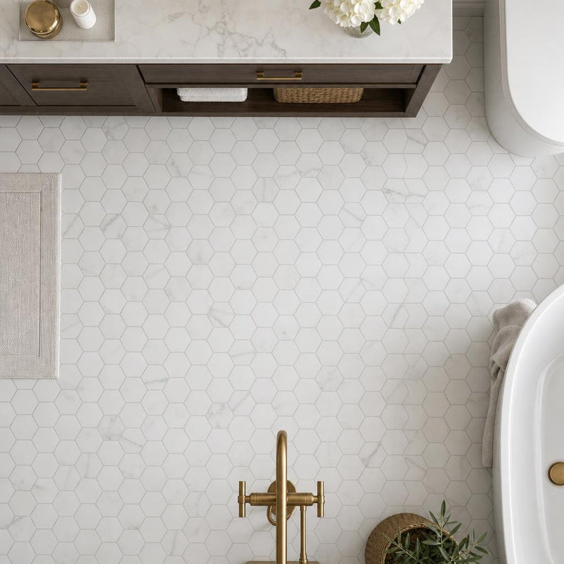Hexagon Calacatta Gold 2x2 Honed Marble Mosaic — Bathroom floor