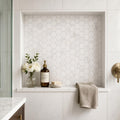 Hexagon Calacatta Gold 2x2 Honed Marble Mosaic — Bathroom niche