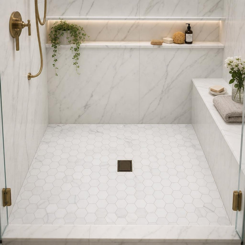 Hexagon Calacatta Gold 2x2 Honed Marble Mosaic — Bathroom shower floor
