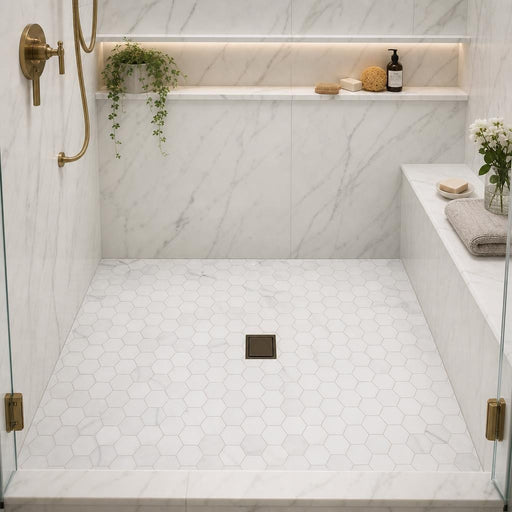 Hexagon Calacatta Gold 2x2 Honed Marble Mosaic — Bathroom shower floor