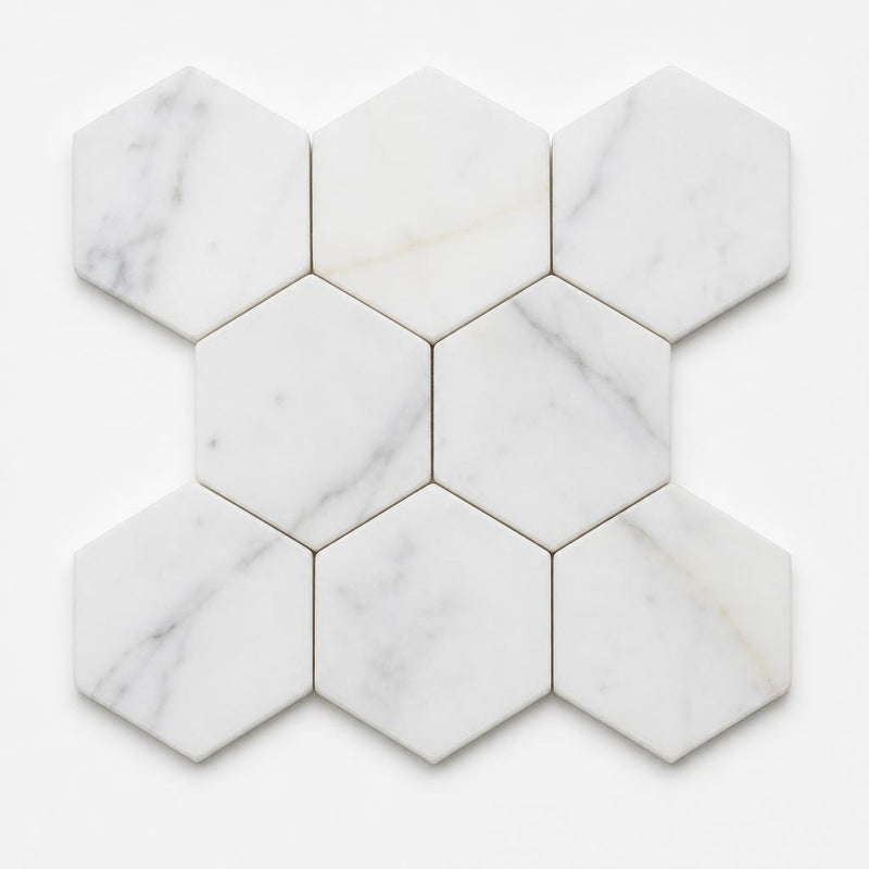 Hexagon Calacatta Gold 2x2 Honed Marble Mosaic close-up