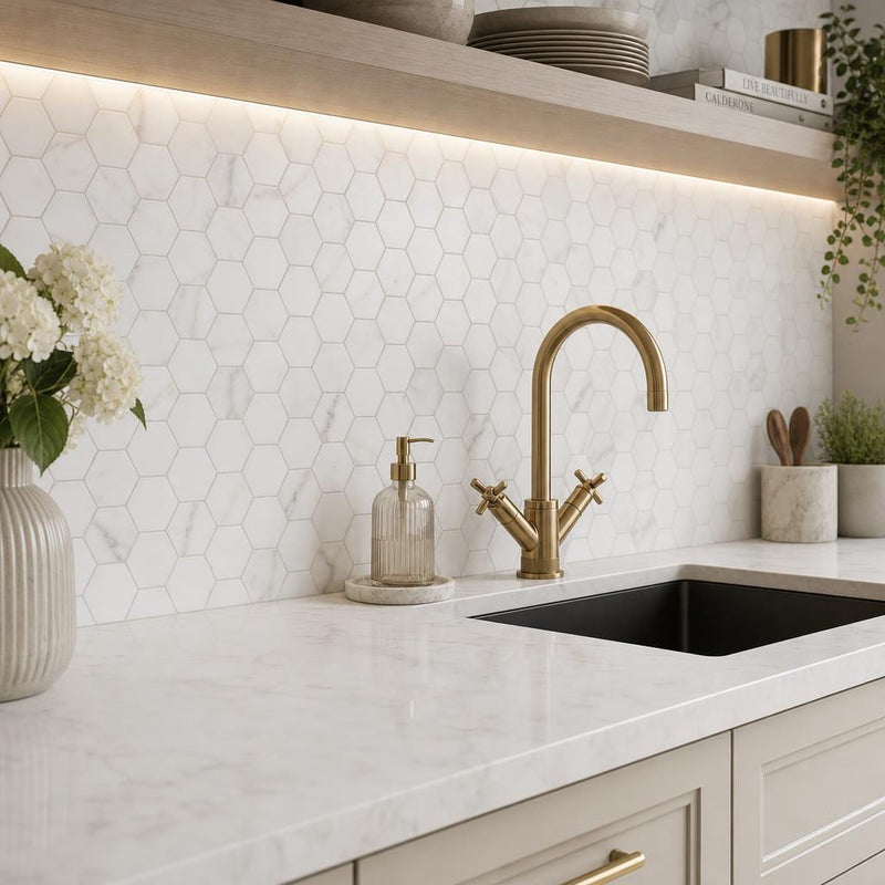 Hexagon Calacatta Gold 2x2 Honed Marble Mosaic — Kitchen backsplash
