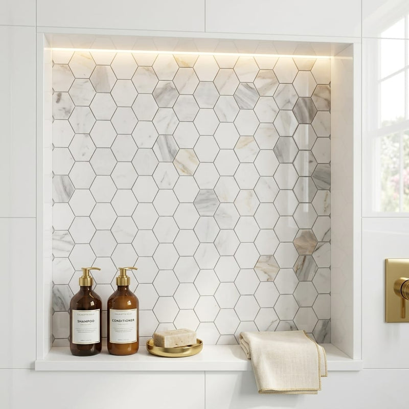 Hexagon Calacatta Gold 2x2 Polished Marble Mosaic — Bathroom niche