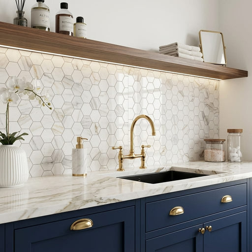 Hexagon Calacatta Gold 2x2 Polished Marble Mosaic — Kitchen backsplash