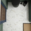 Hexagon Calacatta Gold 2x2 Polished Marble Mosaic — Powder Room floor