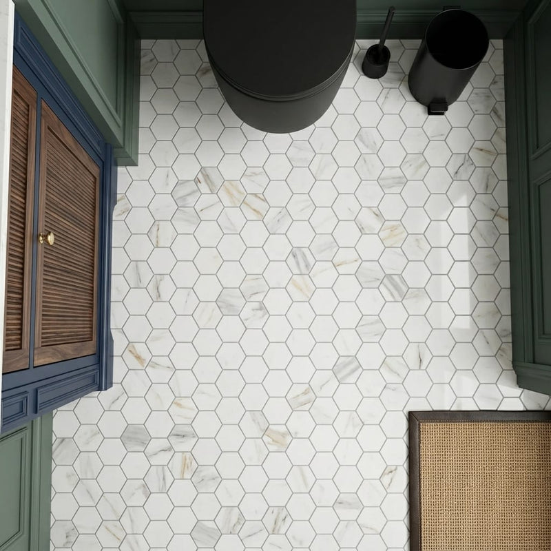 Hexagon Calacatta Gold 2x2 Polished Marble Mosaic — Powder Room floor