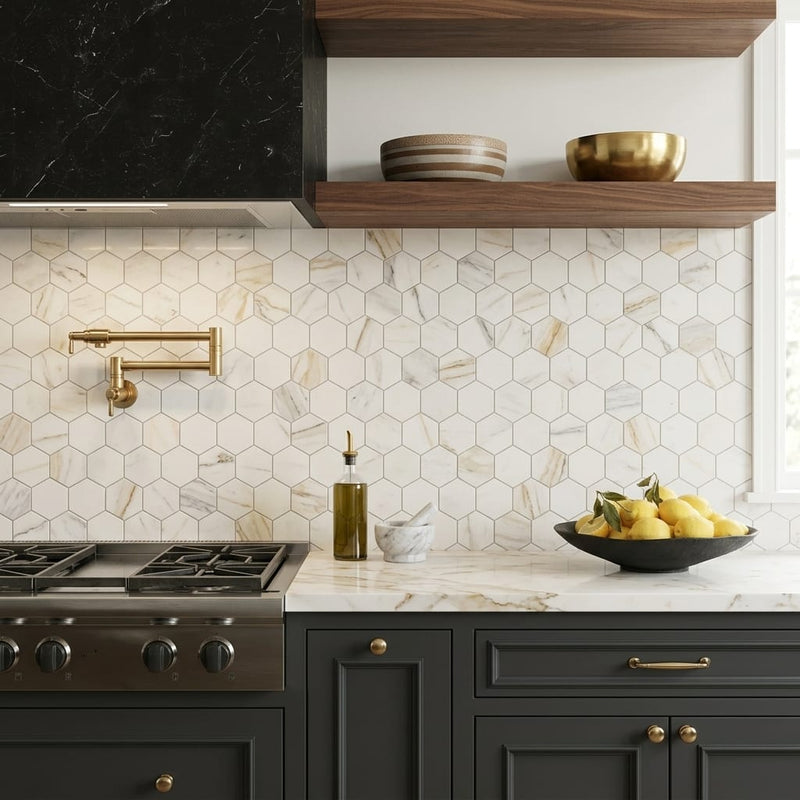 Hexagon Calacatta Gold 3x3 Honed Marble Mosaic — Kitchen backsplash