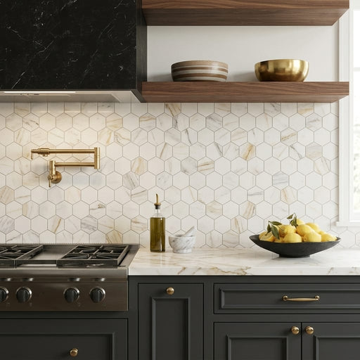 Hexagon Calacatta Gold 3x3 Honed Marble Mosaic — Kitchen backsplash
