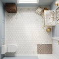Hexagon Calacatta Gold 3x3 Honed Marble Mosaic — Powder Room floor