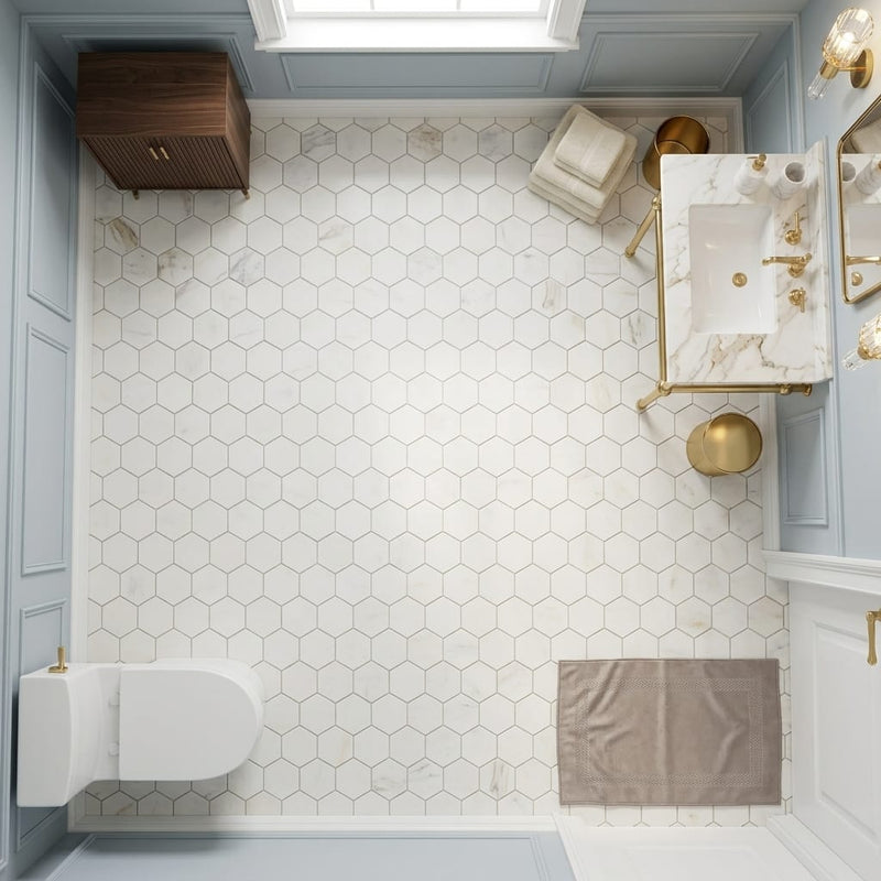 Hexagon Calacatta Gold 3x3 Honed Marble Mosaic — Powder Room floor