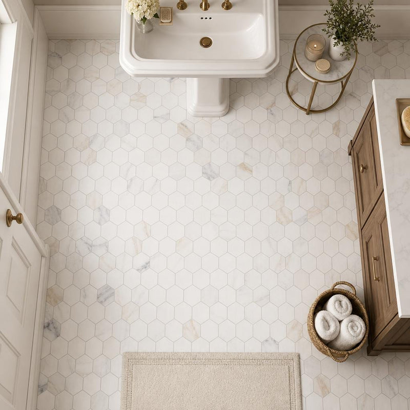 Hexagon Calacatta Gold 3x3 Polished Marble Mosaic — Bathroom floor