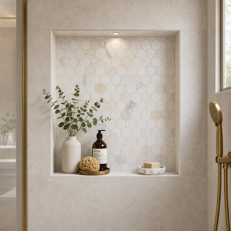 Hexagon Calacatta Gold 3x3 Polished Marble Mosaic — Bathroom niche