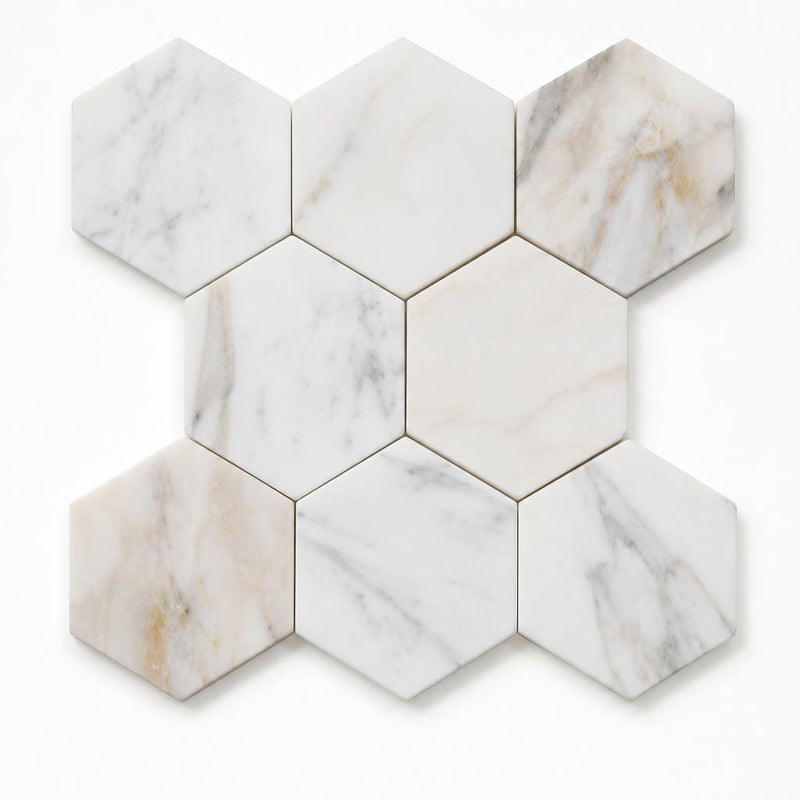 Hexagon Calacatta Gold 3x3 Polished Marble Mosaic close-up