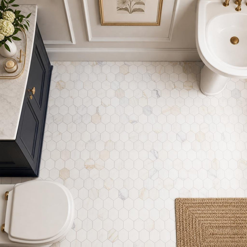 Hexagon Calacatta Gold 3x3 Polished Marble Mosaic — Powder Room floor