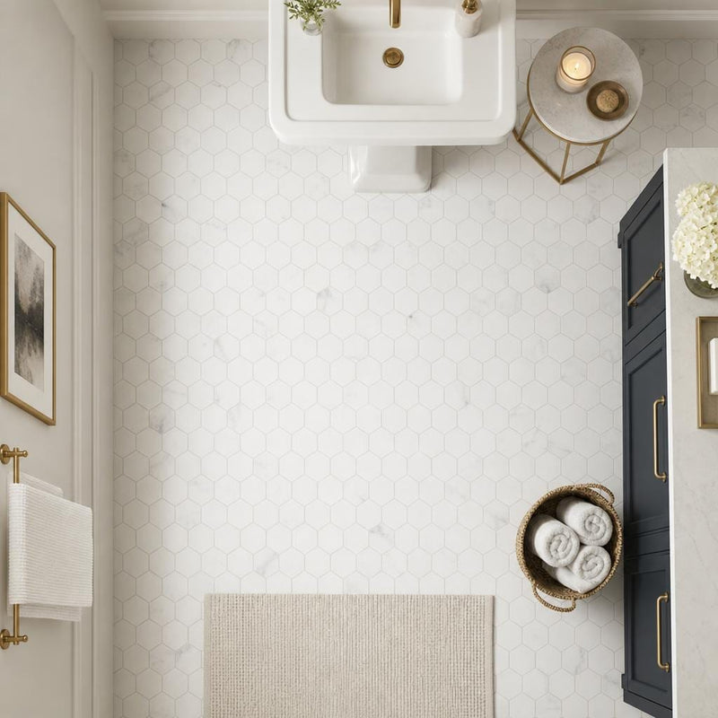 Hexagon Calacatta White 3x3 Honed Marble Mosaic — Bathroom floor