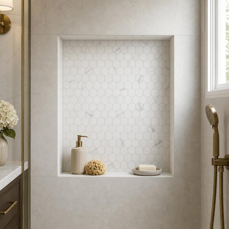 Hexagon Calacatta White 3x3 Honed Marble Mosaic — Bathroom niche