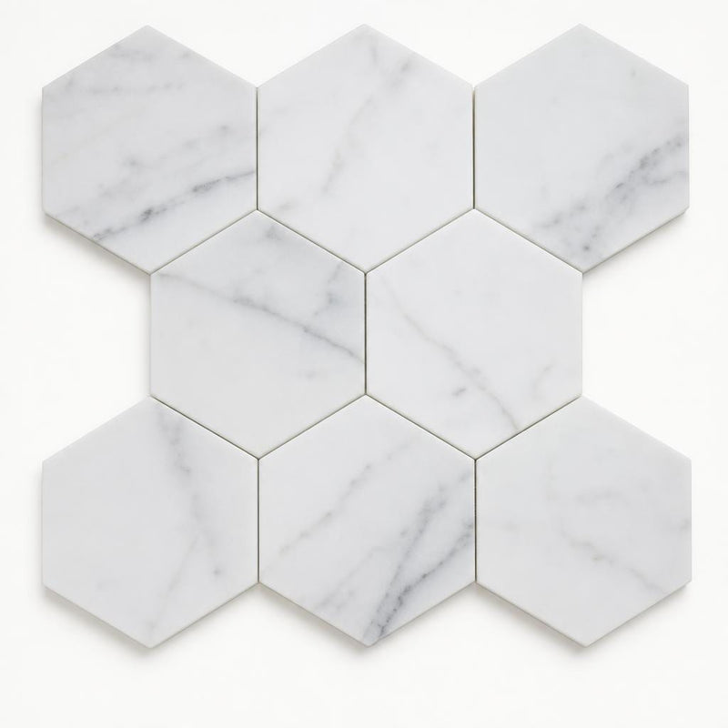 Hexagon Calacatta White 3x3 Honed Marble Mosaic close-up