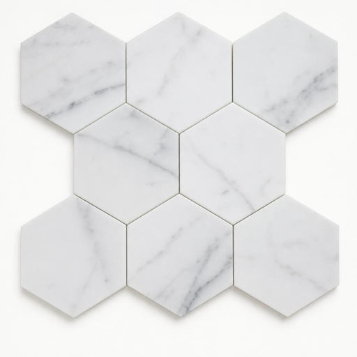 Hexagon Calacatta White 3x3 Honed Marble Mosaic close-up