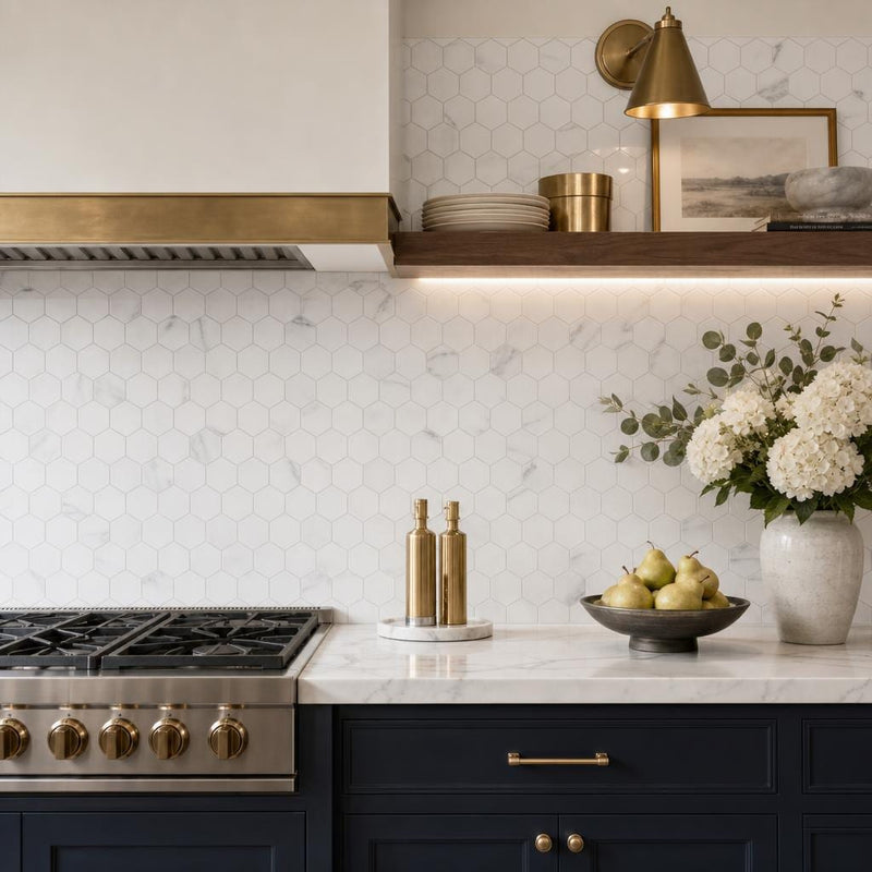 Hexagon Calacatta White 3x3 Honed Marble Mosaic — Kitchen backsplash