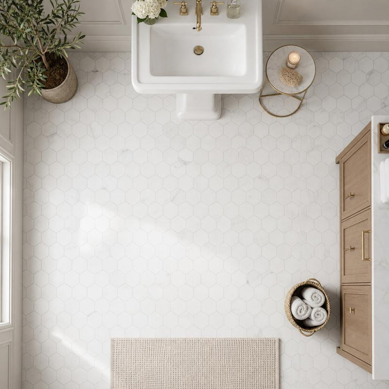 Hexagon Marble Mosaic - Calacatta White - Size 3x3 — Bathroom floor