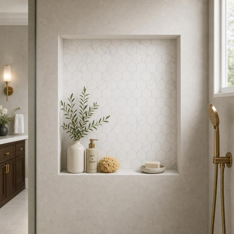 Hexagon Marble Mosaic - Calacatta White - Size 3x3 — Bathroom niche