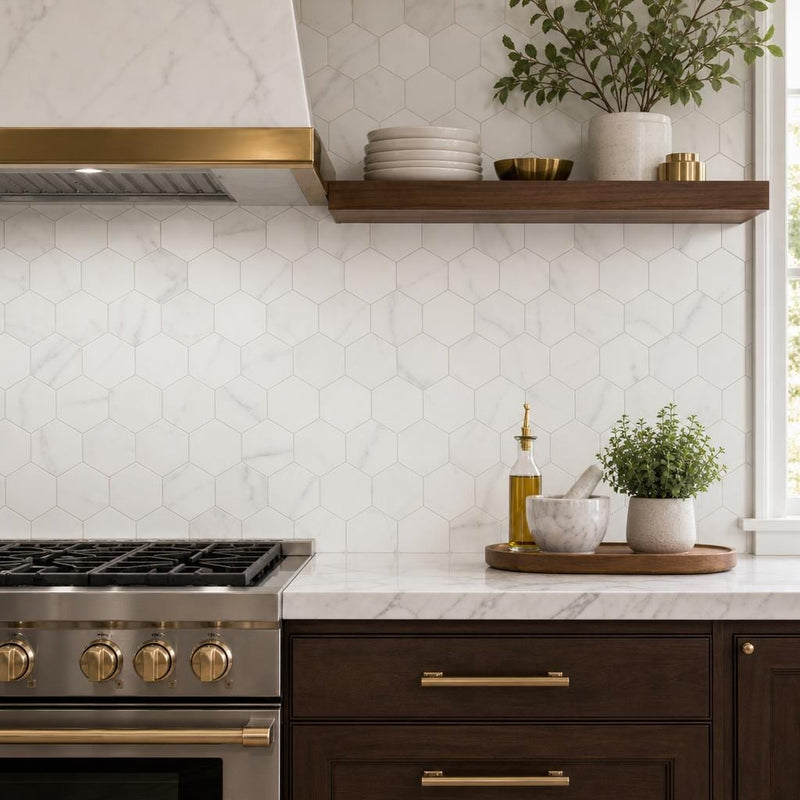 Hexagon Marble Mosaic - Calacatta White - Size 3x3 — Kitchen backsplash
