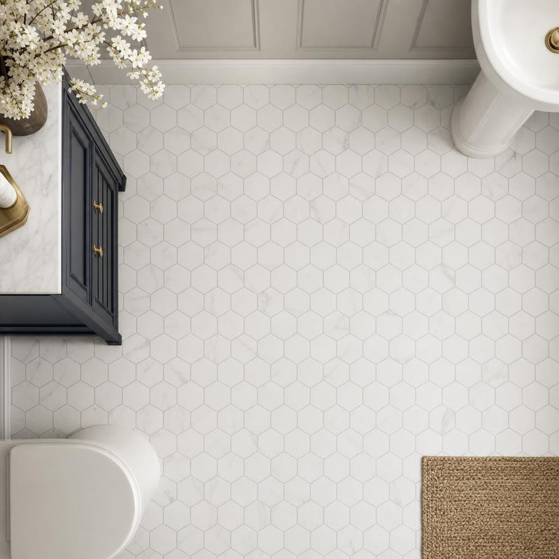 Hexagon Marble Mosaic - Calacatta White - Size 3x3 — Powder Room floor
