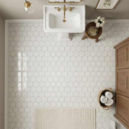 Hexagon Carrara 3x3 Polished Marble Mosaic — Bathroom floor