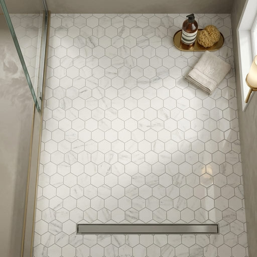 Hexagon Carrara 3x3 Polished Marble Mosaic — Bathroom shower floor