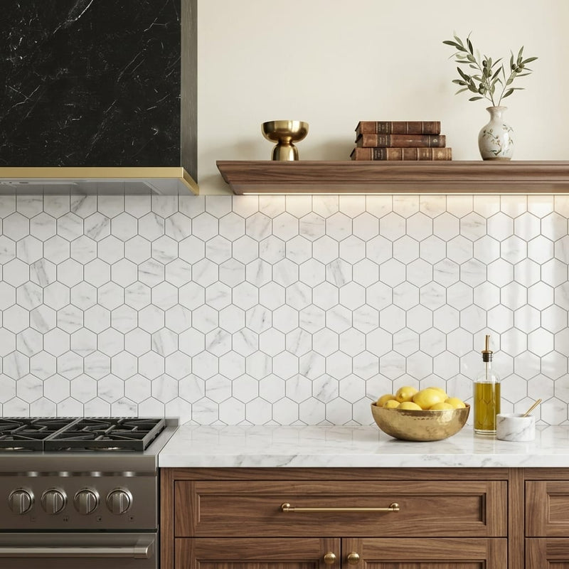 Hexagon Carrara 3x3 Polished Marble Mosaic — Kitchen backsplash
