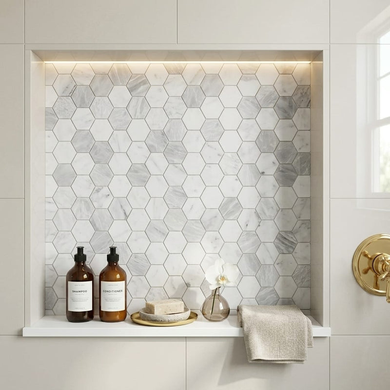 Hexagon City Grey 2x2 Polished Marble Mosaic — Bathroom niche