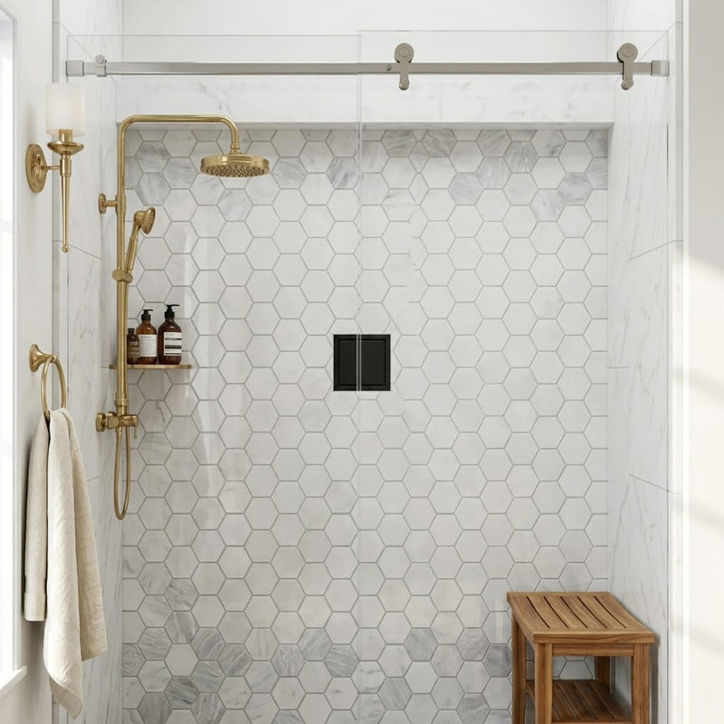 Hexagon City Grey 2x2 Polished Marble Mosaic — Bathroom shower floor