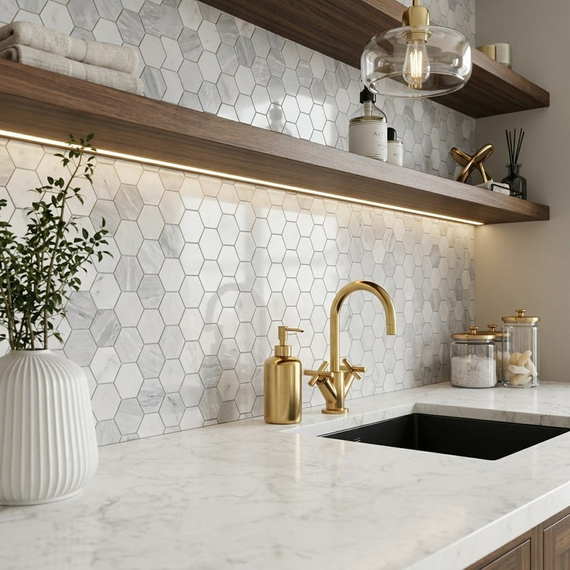 Hexagon City Grey 2x2 Polished Marble Mosaic — Kitchen backsplash
