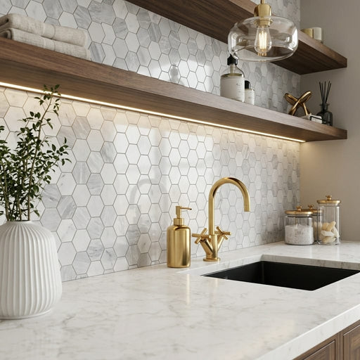 Hexagon City Grey 2x2 Polished Marble Mosaic — Kitchen backsplash