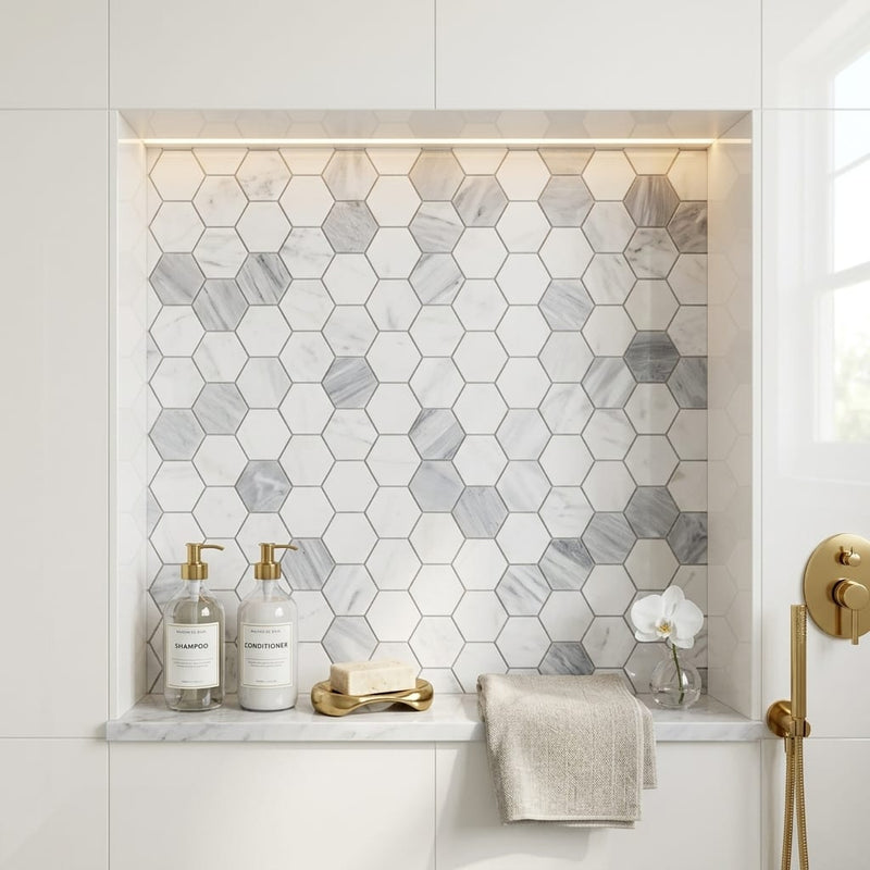 Hexagon Dusk 2x2 Polished Marble Mosaic — Bathroom niche
