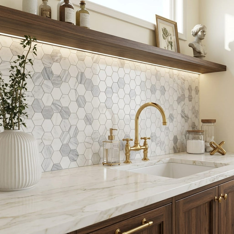 Hexagon Dusk 2x2 Polished Marble Mosaic — Kitchen backsplash