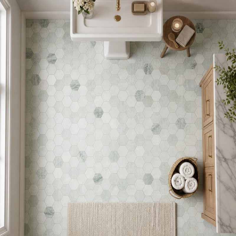 Hexagon Green 3x3 Honed Marble Mosaic — Bathroom floor