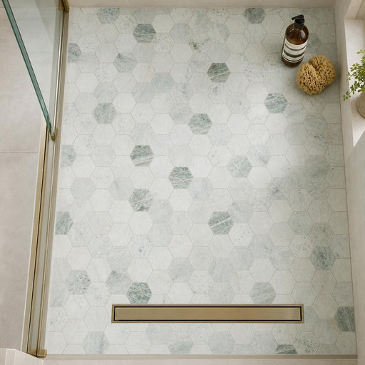 Hexagon Green 3x3 Honed Marble Mosaic — Bathroom shower floor