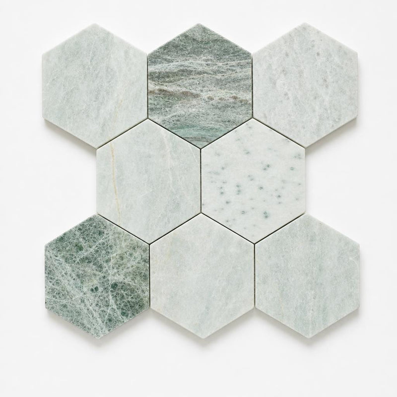 Hexagon Green 3x3 Honed Marble Mosaic close-up