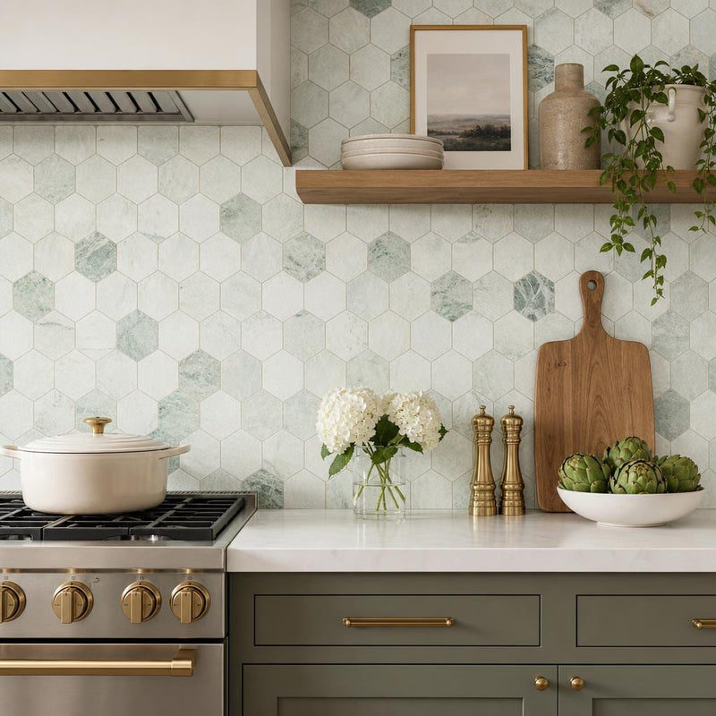 Hexagon Green 3x3 Honed Marble Mosaic — Kitchen backsplash