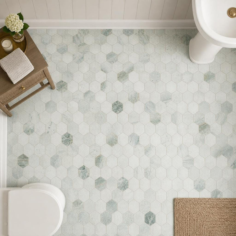 Hexagon Green 3x3 Honed Marble Mosaic — Powder Room floor