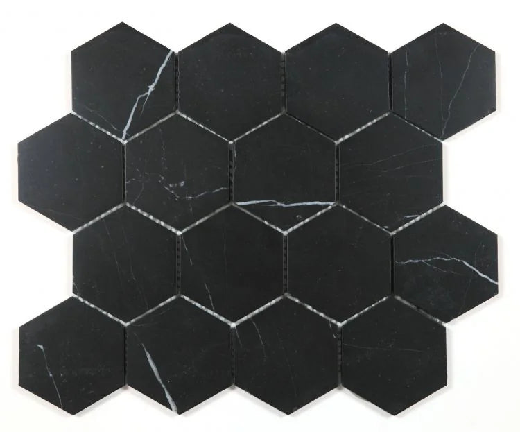 Hexagon Marquina 3x3 Honed Marble Mosaic